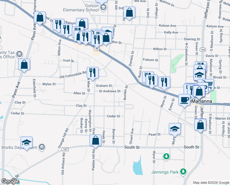 map of restaurants, bars, coffee shops, grocery stores, and more near 4285 Saint Andrews Street in Marianna