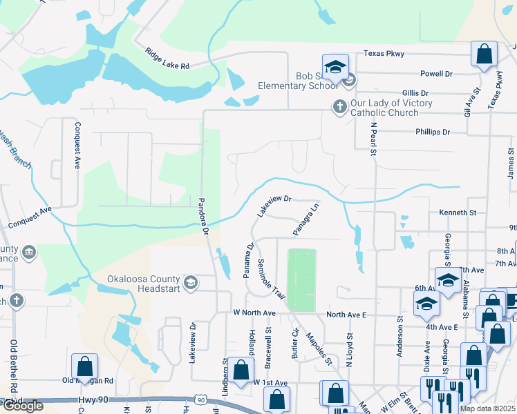 map of restaurants, bars, coffee shops, grocery stores, and more near 314 Lakeview Drive in Crestview