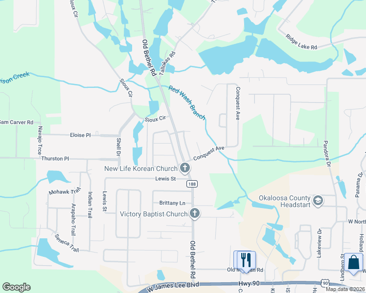map of restaurants, bars, coffee shops, grocery stores, and more near 209 Warrior Street in Crestview