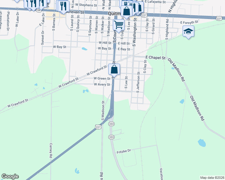 map of restaurants, bars, coffee shops, grocery stores, and more near 1387 South Court Street in Quitman