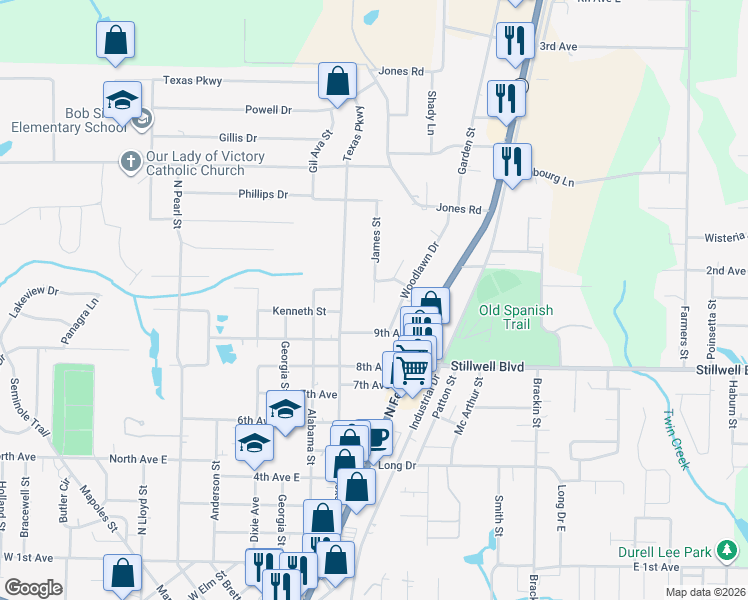map of restaurants, bars, coffee shops, grocery stores, and more near 113 James Street in Crestview