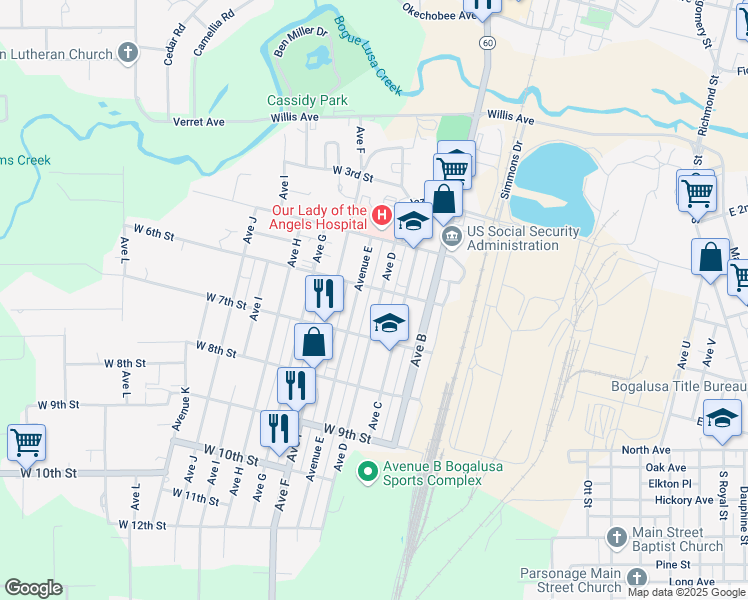 map of restaurants, bars, coffee shops, grocery stores, and more near 609 Avenue D in Bogalusa