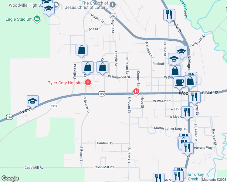 map of restaurants, bars, coffee shops, grocery stores, and more near 904 West Bluff Street in Woodville