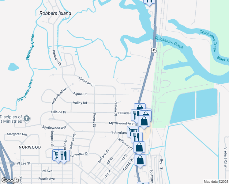 map of restaurants, bars, coffee shops, grocery stores, and more near 202 Alpine Street in Chickasaw