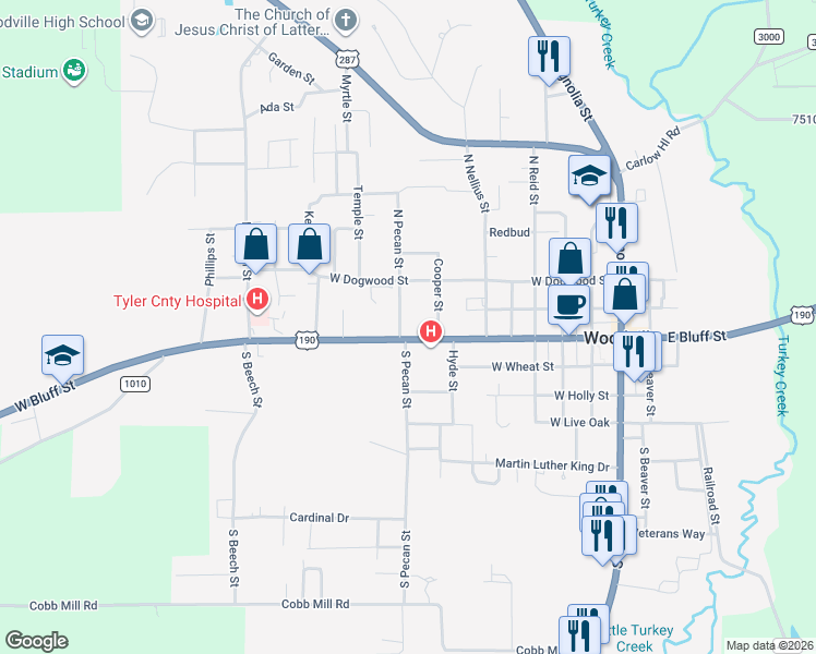 map of restaurants, bars, coffee shops, grocery stores, and more near 904 West Bluff Street in Woodville