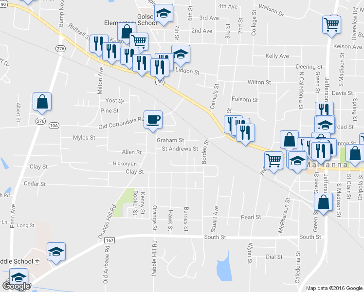 map of restaurants, bars, coffee shops, grocery stores, and more near 4285 Saint Andrews Street in Marianna