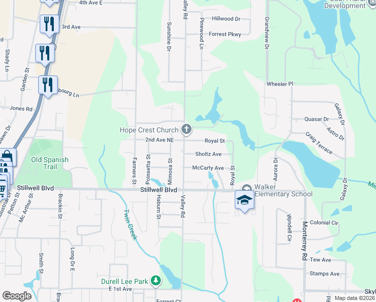 map of restaurants, bars, coffee shops, grocery stores, and more near 1002 Valley Road in Crestview