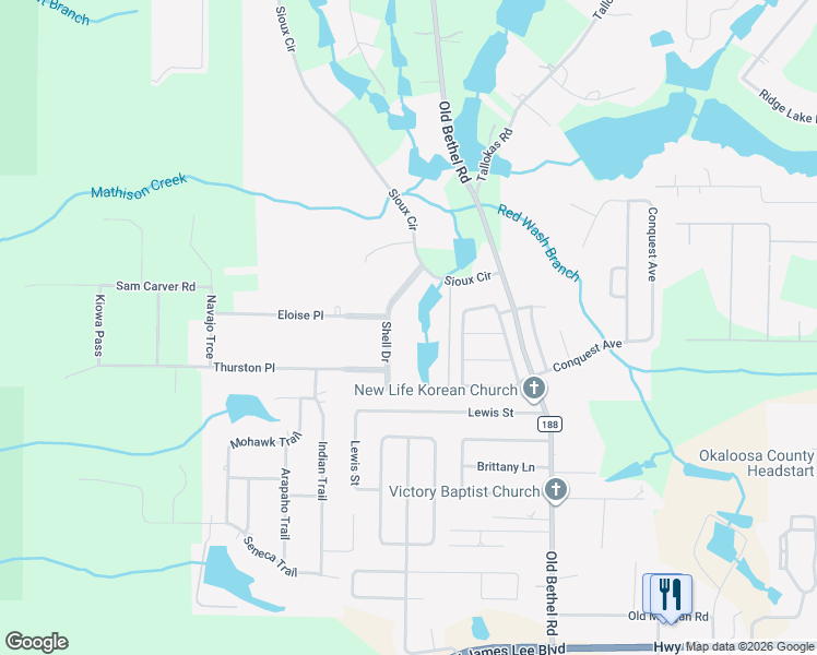 map of restaurants, bars, coffee shops, grocery stores, and more near 206 Shell Drive in Crestview