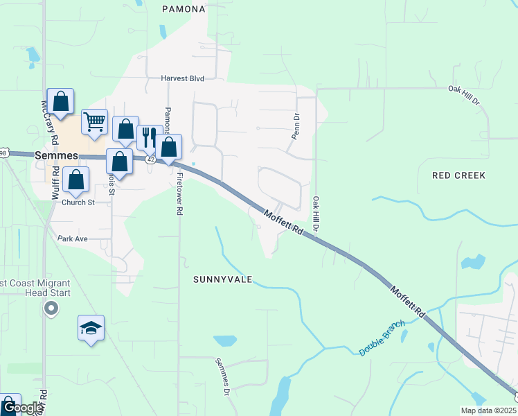 map of restaurants, bars, coffee shops, grocery stores, and more near 8780 Moffett Road in Semmes