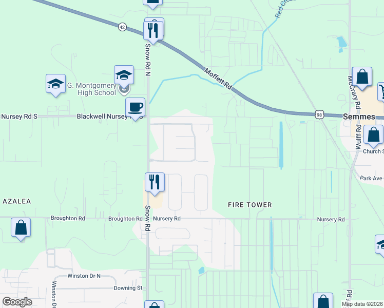 map of restaurants, bars, coffee shops, grocery stores, and more near 4000 Symphony Way E in Semmes
