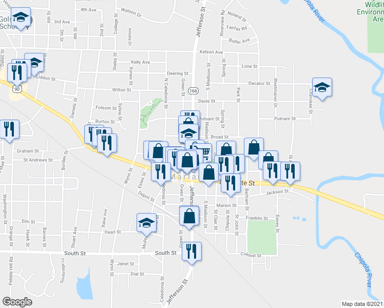 map of restaurants, bars, coffee shops, grocery stores, and more near 2899 Jefferson Street in Marianna