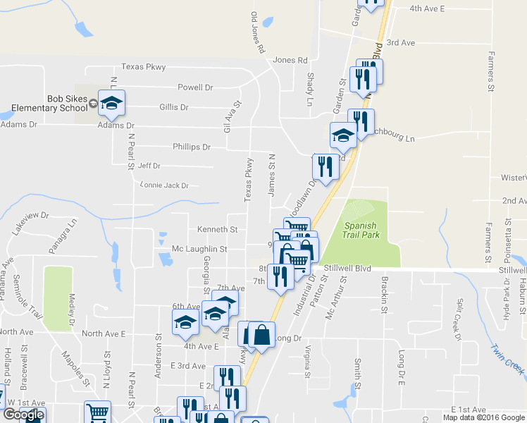 map of restaurants, bars, coffee shops, grocery stores, and more near 112 James Street in Crestview