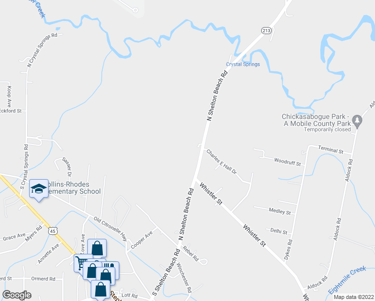 map of restaurants, bars, coffee shops, grocery stores, and more near 345 North Shelton Beach Road in Prichard