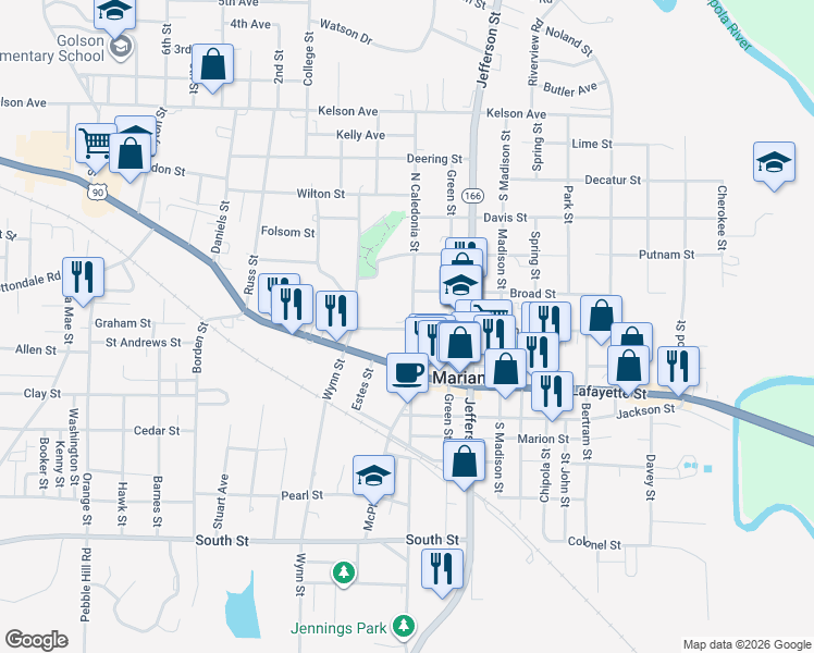 map of restaurants, bars, coffee shops, grocery stores, and more near in Marianna