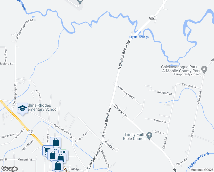 map of restaurants, bars, coffee shops, grocery stores, and more near 345 North Shelton Beach Road in Prichard