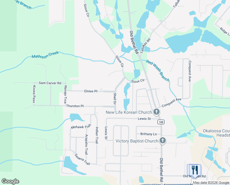 map of restaurants, bars, coffee shops, grocery stores, and more near 203 Shell Drive in Crestview