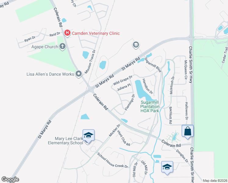 map of restaurants, bars, coffee shops, grocery stores, and more near 401 Wild Grape Drive in Saint Marys