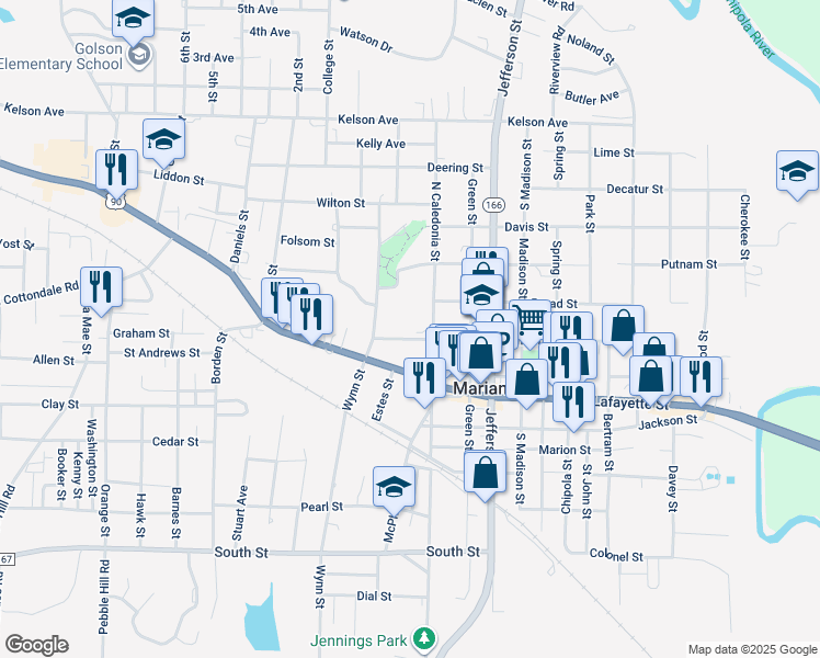 map of restaurants, bars, coffee shops, grocery stores, and more near in Marianna