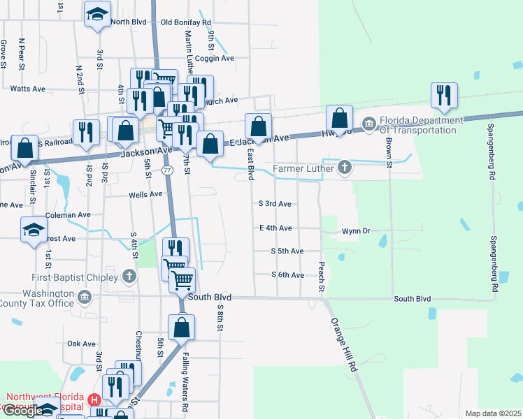 map of restaurants, bars, coffee shops, grocery stores, and more near 727 East Boulevard in Chipley