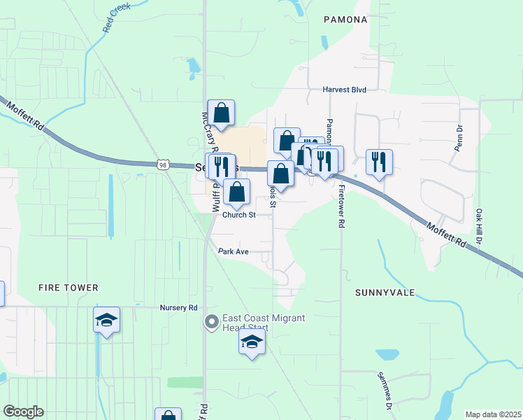 map of restaurants, bars, coffee shops, grocery stores, and more near 9058 Church Street in Semmes