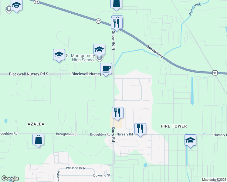 map of restaurants, bars, coffee shops, grocery stores, and more near 4049 Snow Road in Semmes