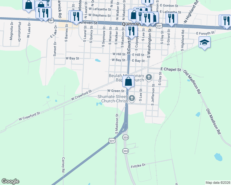 map of restaurants, bars, coffee shops, grocery stores, and more near 205 West Green Street in Quitman