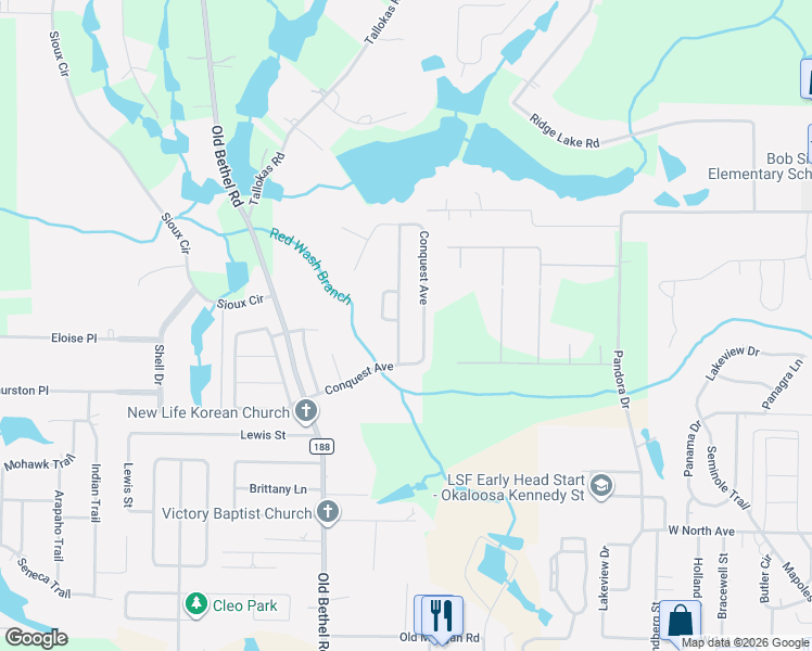 map of restaurants, bars, coffee shops, grocery stores, and more near 140 Conquest Avenue in Crestview