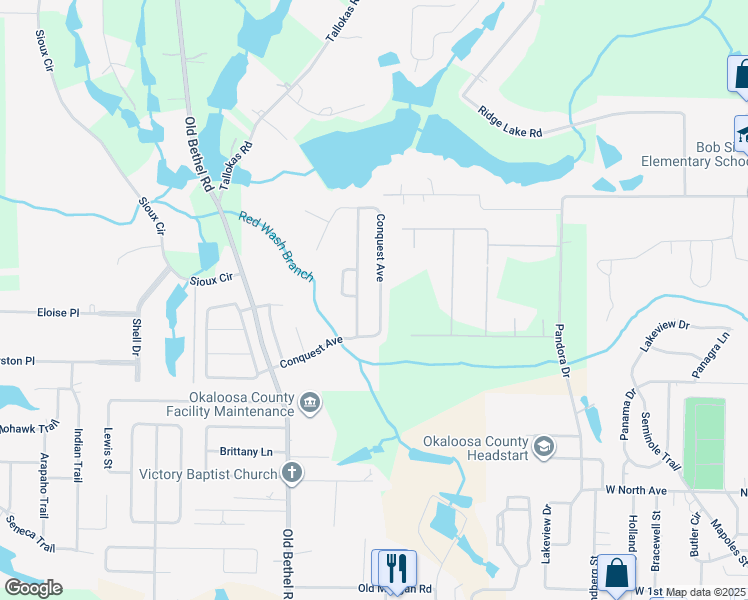 map of restaurants, bars, coffee shops, grocery stores, and more near 138 Conquest Avenue in Crestview