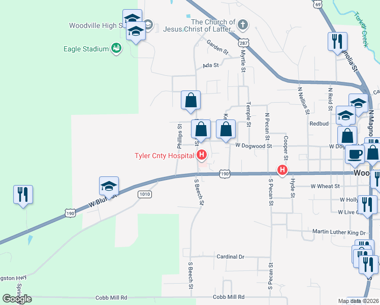 map of restaurants, bars, coffee shops, grocery stores, and more near 202 North Beech Street in Woodville