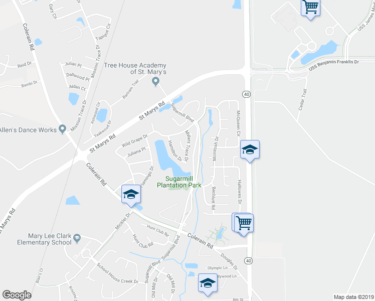 map of restaurants, bars, coffee shops, grocery stores, and more near 248 Millers Trace Drive in St. Marys