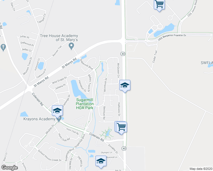 map of restaurants, bars, coffee shops, grocery stores, and more near 500 McIntosh Drive in Saint Marys