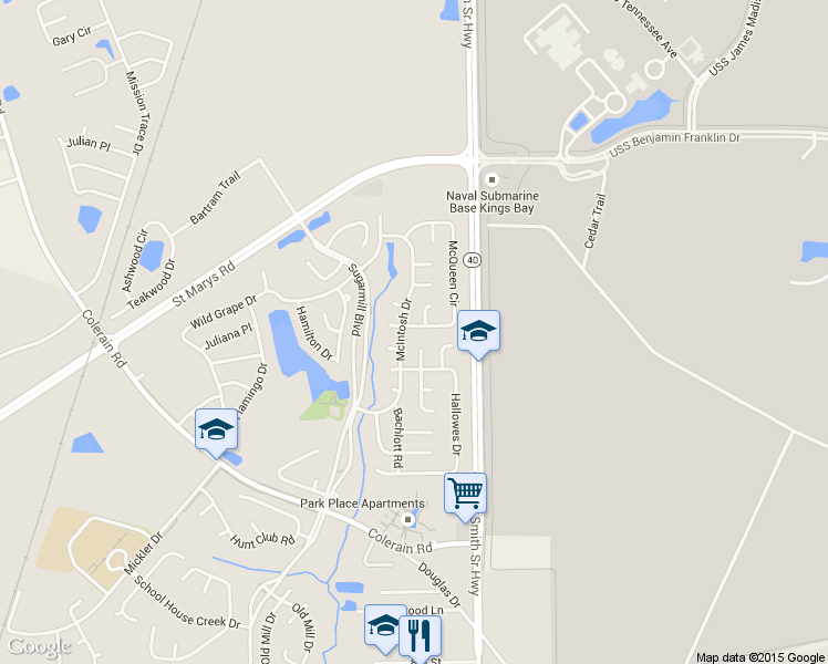 map of restaurants, bars, coffee shops, grocery stores, and more near 202 McQueen Circle in Saint Marys