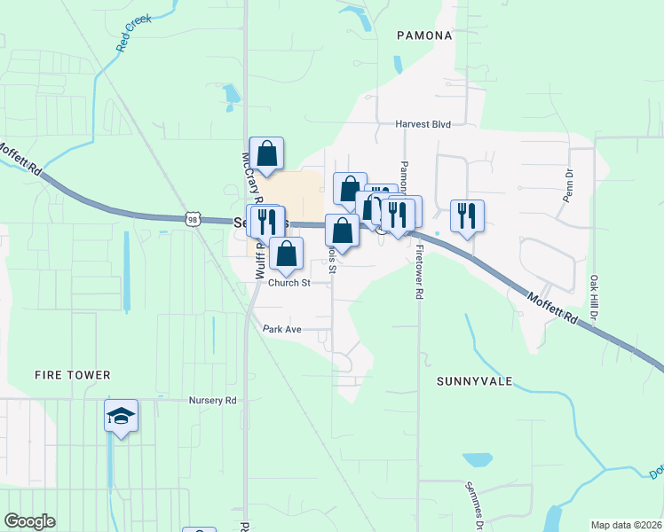 map of restaurants, bars, coffee shops, grocery stores, and more near 4107 Illinois Street in Semmes
