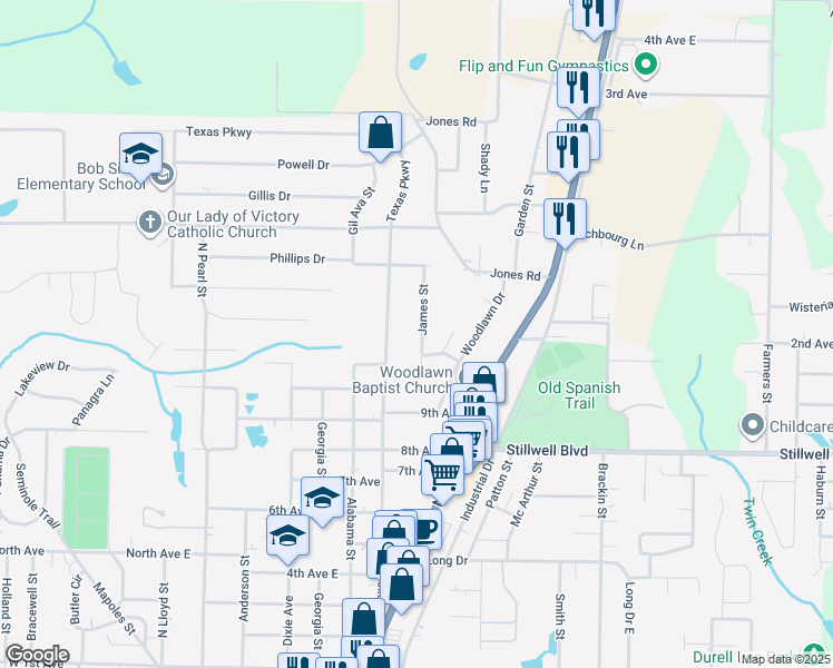 map of restaurants, bars, coffee shops, grocery stores, and more near 208 James Street in Crestview