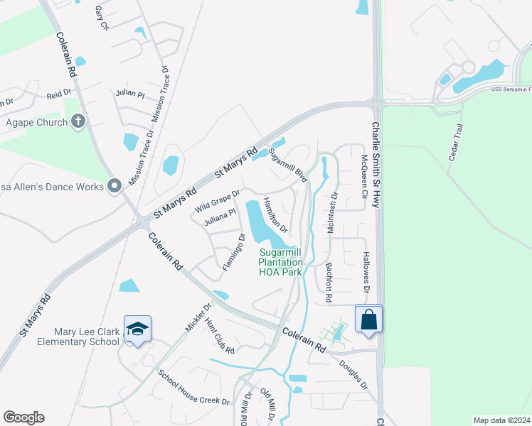 map of restaurants, bars, coffee shops, grocery stores, and more near 114 Hamilton Drive in Saint Marys