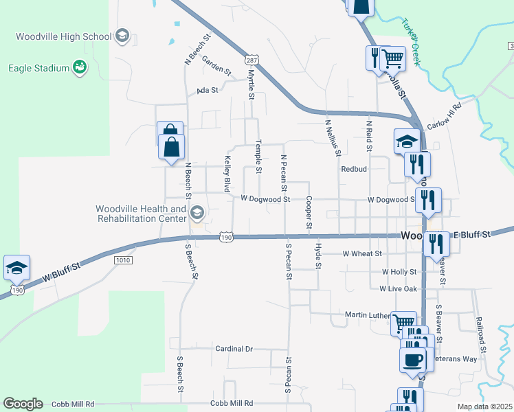 map of restaurants, bars, coffee shops, grocery stores, and more near 903 West Dogwood Street in Woodville