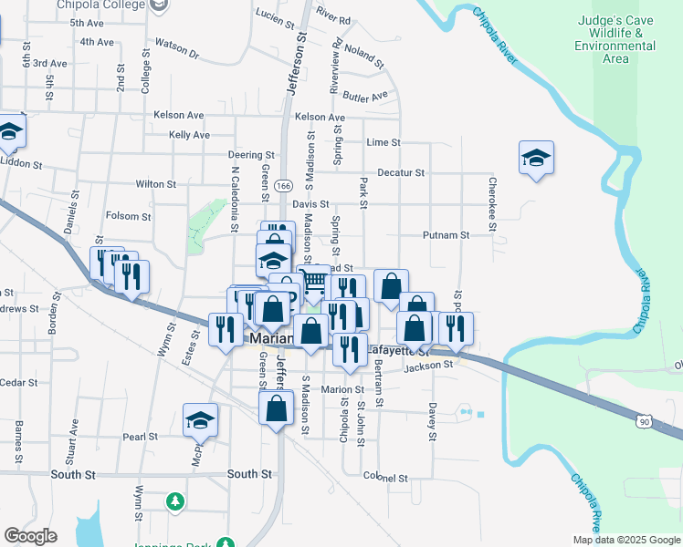 map of restaurants, bars, coffee shops, grocery stores, and more near 4463 Broad Street in Marianna