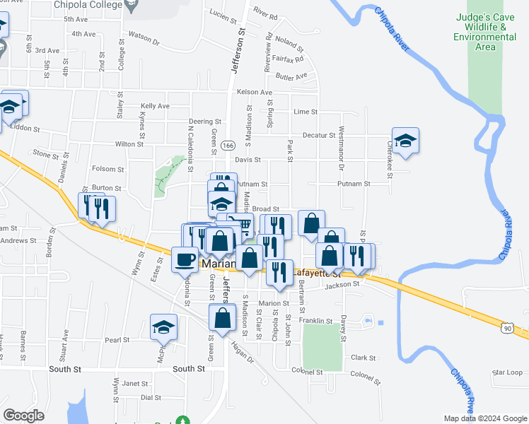 map of restaurants, bars, coffee shops, grocery stores, and more near 4455 Broad Street in Marianna