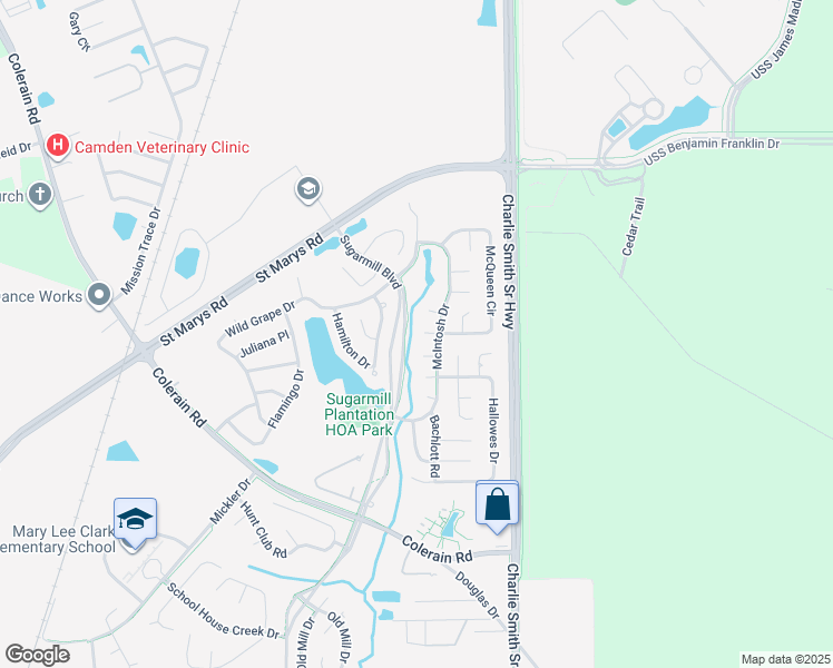 map of restaurants, bars, coffee shops, grocery stores, and more near 107 Stafford Way in St. Marys