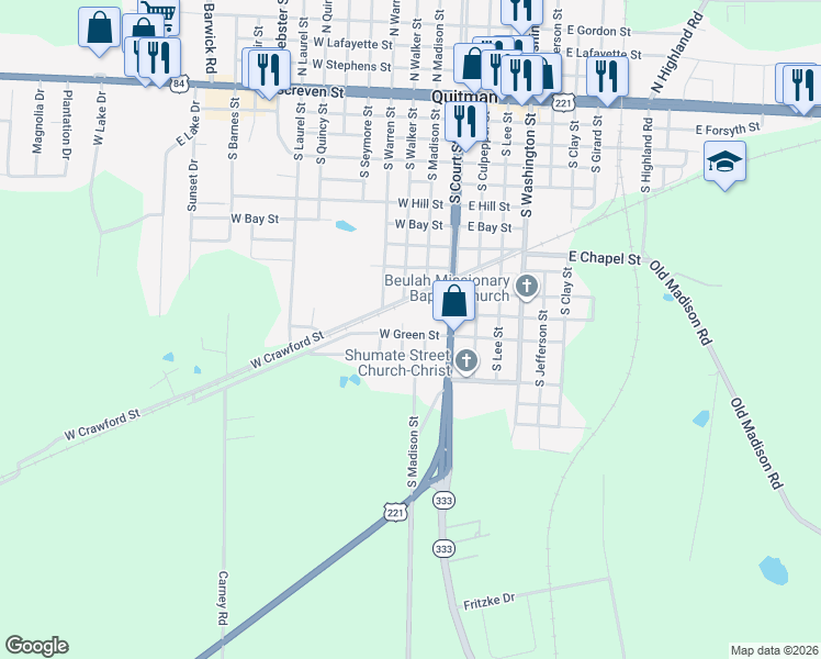 map of restaurants, bars, coffee shops, grocery stores, and more near 205 West Green Street in Quitman