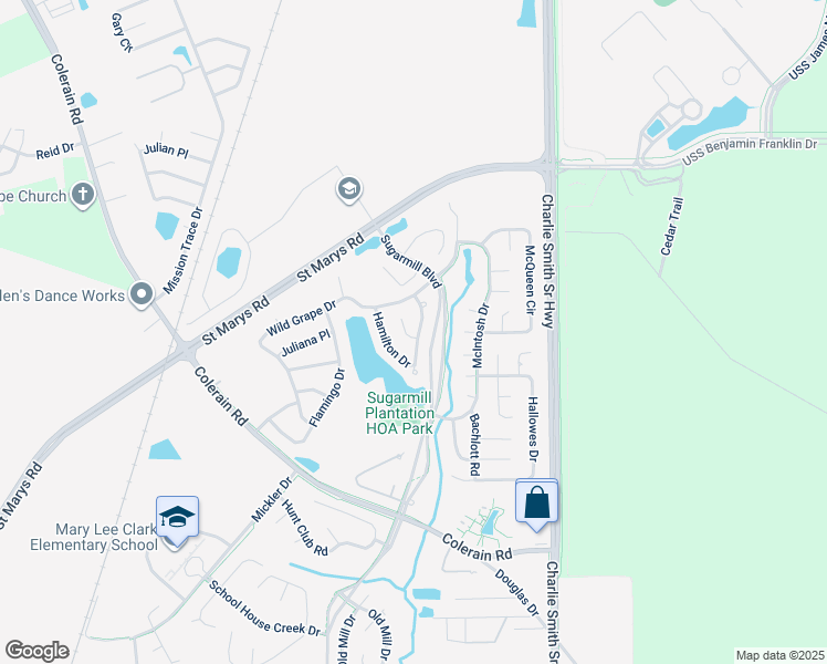 map of restaurants, bars, coffee shops, grocery stores, and more near 118 Millers Trace Drive in St. Marys