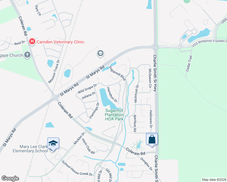 map of restaurants, bars, coffee shops, grocery stores, and more near 118 Millers Trace Drive in St. Marys
