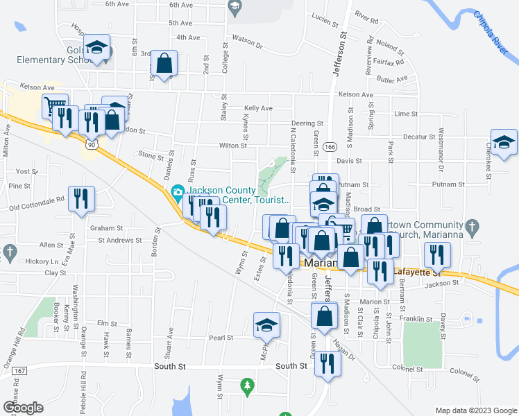 map of restaurants, bars, coffee shops, grocery stores, and more near 2914 Wynn Street in Marianna