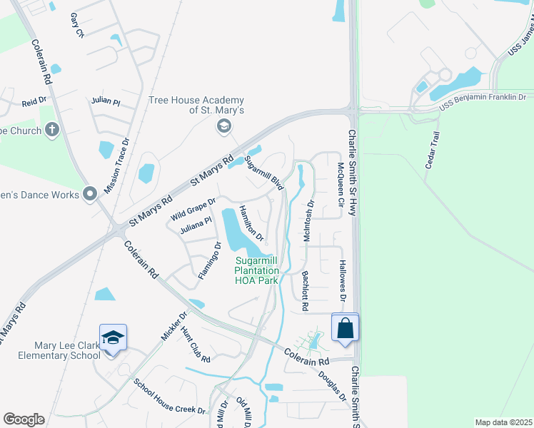 map of restaurants, bars, coffee shops, grocery stores, and more near 114 Millers Trace Drive in St. Marys