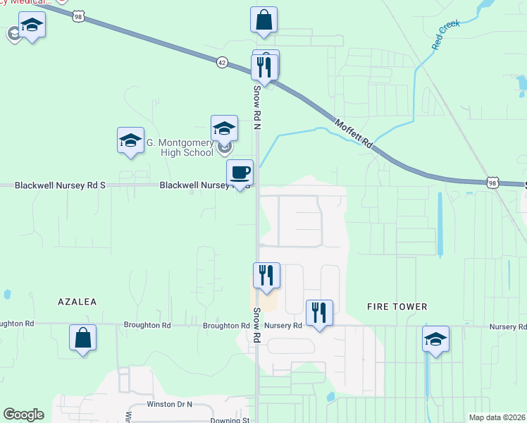 map of restaurants, bars, coffee shops, grocery stores, and more near 4049-4089 Snow Road in Semmes