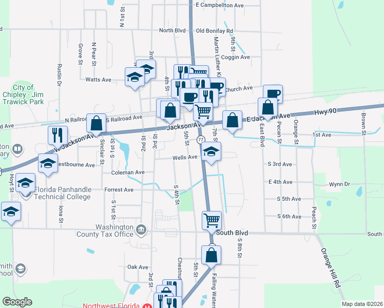 map of restaurants, bars, coffee shops, grocery stores, and more near 1272 Wells Avenue in Chipley