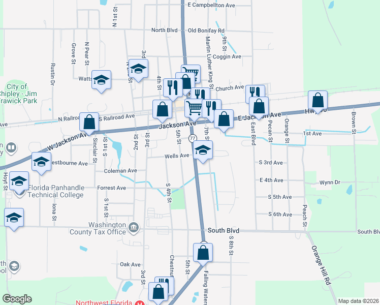 map of restaurants, bars, coffee shops, grocery stores, and more near 1272 Wells Avenue in Chipley