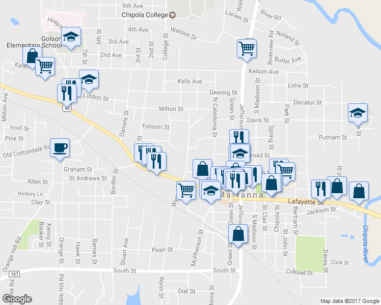 map of restaurants, bars, coffee shops, grocery stores, and more near 2916 Wynn Street in Marianna