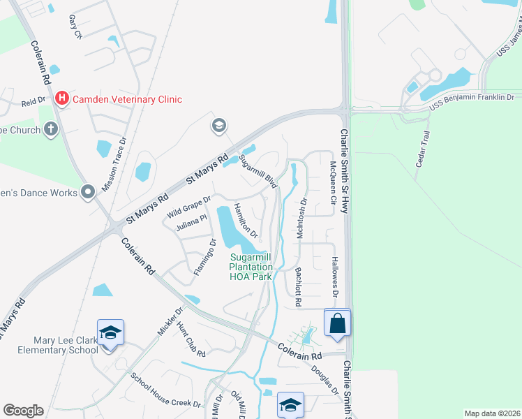 map of restaurants, bars, coffee shops, grocery stores, and more near 112 Millers Trace Drive in Saint Marys