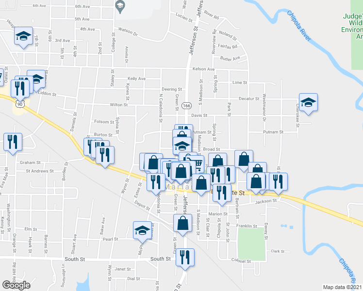map of restaurants, bars, coffee shops, grocery stores, and more near 2920 Green Street in Marianna